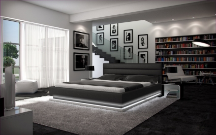 Polsterbett 180 x 200 cm schwarz/weiß LED-Beleuchtung RIPANI